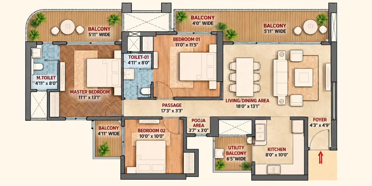 3 BHK + 2T floor plan — Hero Homes Greater Noida